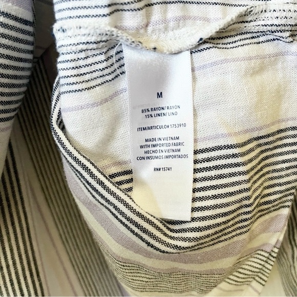 Splendid Linen Blend Top Women's Size M White Striped V-Neck 3/4 Sleeve Shirred - Picture 5 of 10